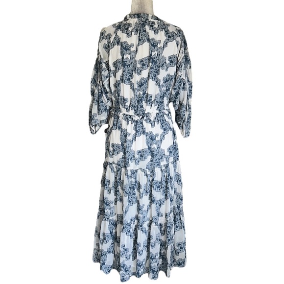 Anthropologie Current Air Isla Blue White Tie Neck Tiered Ruffle Midi Dress - XS - Picture 11 of 16